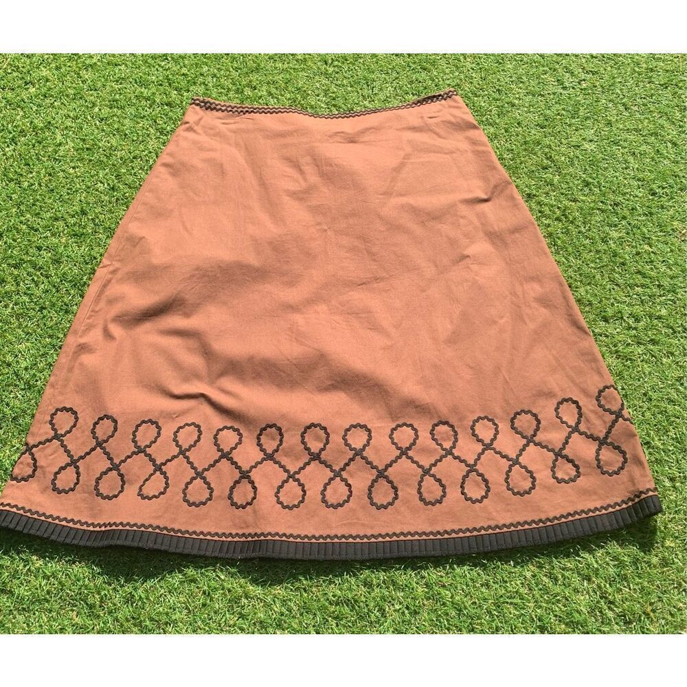 ODILLE ANTHROPOLOGIE Brown black embroidered trim A-LINE Garden Spring SKIRT